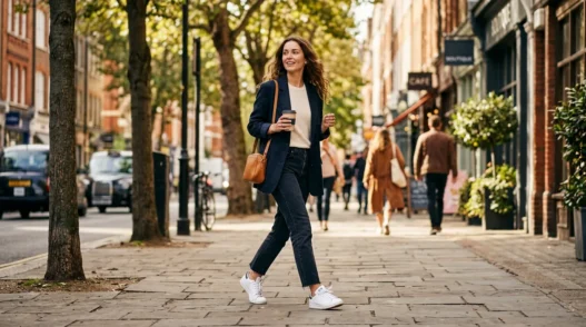 Woman walking confidently on city sidewalk in effortlessly chic outfit with soft natural lighting