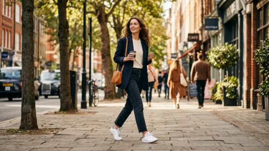 Woman walking confidently on city sidewalk in effortlessly chic outfit with soft natural lighting