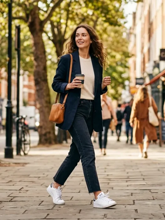 Woman walking confidently on city sidewalk in effortlessly chic outfit with soft natural lighting