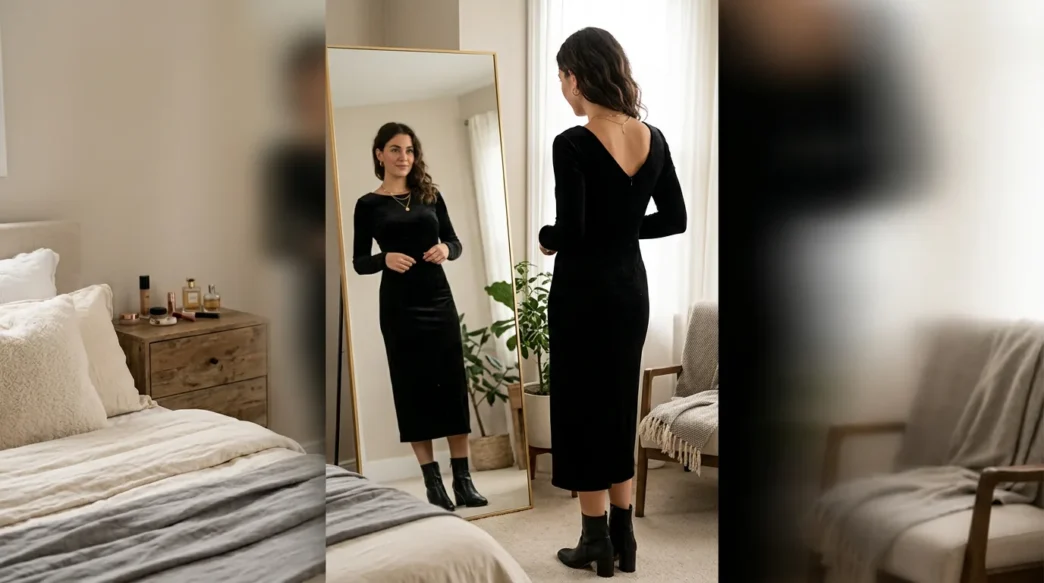 Woman in elegant going out outfit checking her reflection in full-length bedroom mirror