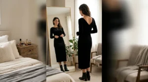 Woman in elegant going out outfit checking her reflection in full-length bedroom mirror