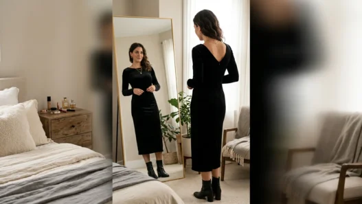 Woman in elegant going out outfit checking her reflection in full-length bedroom mirror