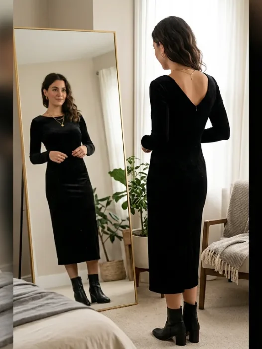 Woman in elegant going out outfit checking her reflection in full-length bedroom mirror