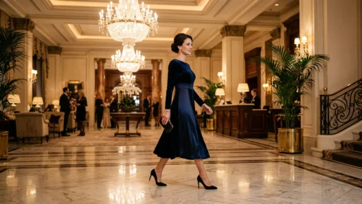 Woman in elegant evening outfit crossing luxurious hotel lobby with marble floors and chandeliers