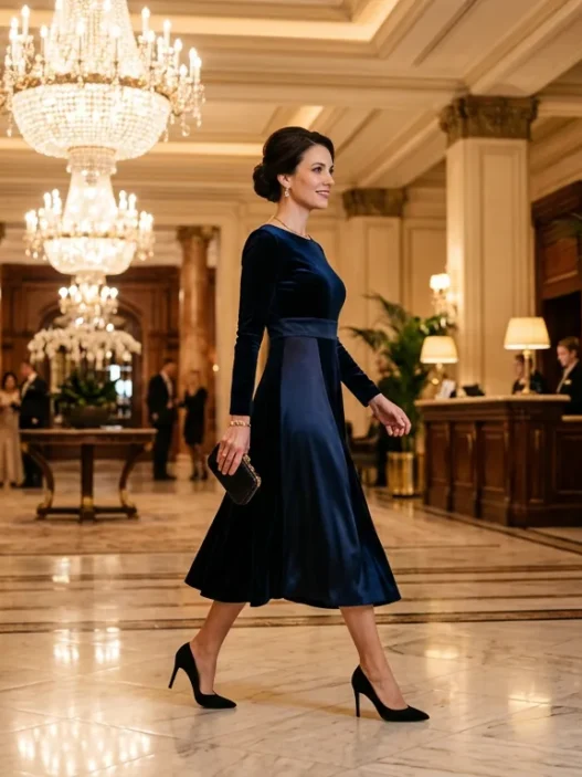 Woman in elegant evening outfit crossing luxurious hotel lobby with marble floors and chandeliers