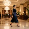 Woman in elegant evening outfit crossing luxurious hotel lobby with marble floors and chandeliers