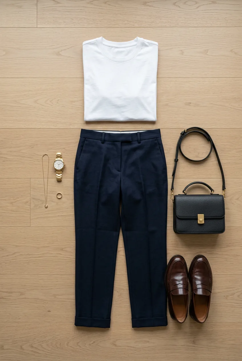Elevated basics styling with white tee, tailored trousers and leather accessories arranged neatly
