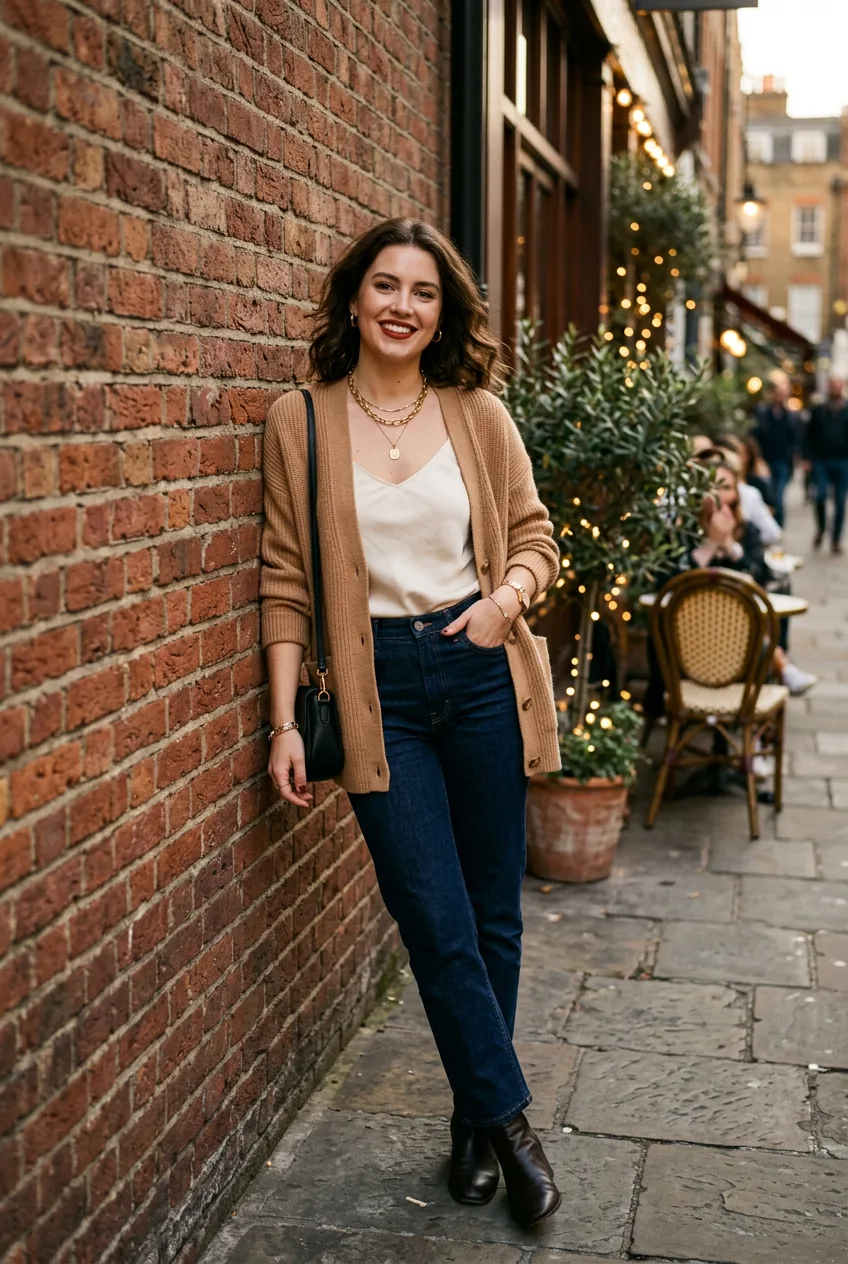 Woman wearing camel cardigan with gold jewelry and bold red lipstick in evening casual dinner look