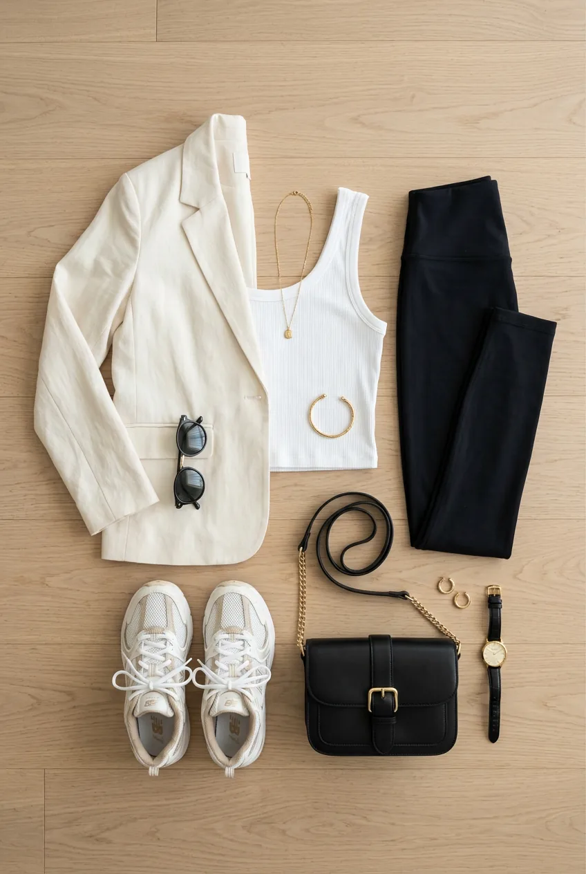 Final sporty chic outfit ensemble showing all pieces arranged together displaying complete coordinated look