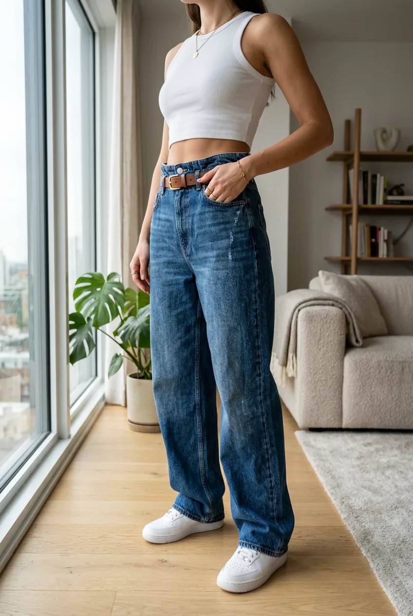 Woman wearing baggy jeans with fitted white crop top demonstrating waist definition and proportion balance