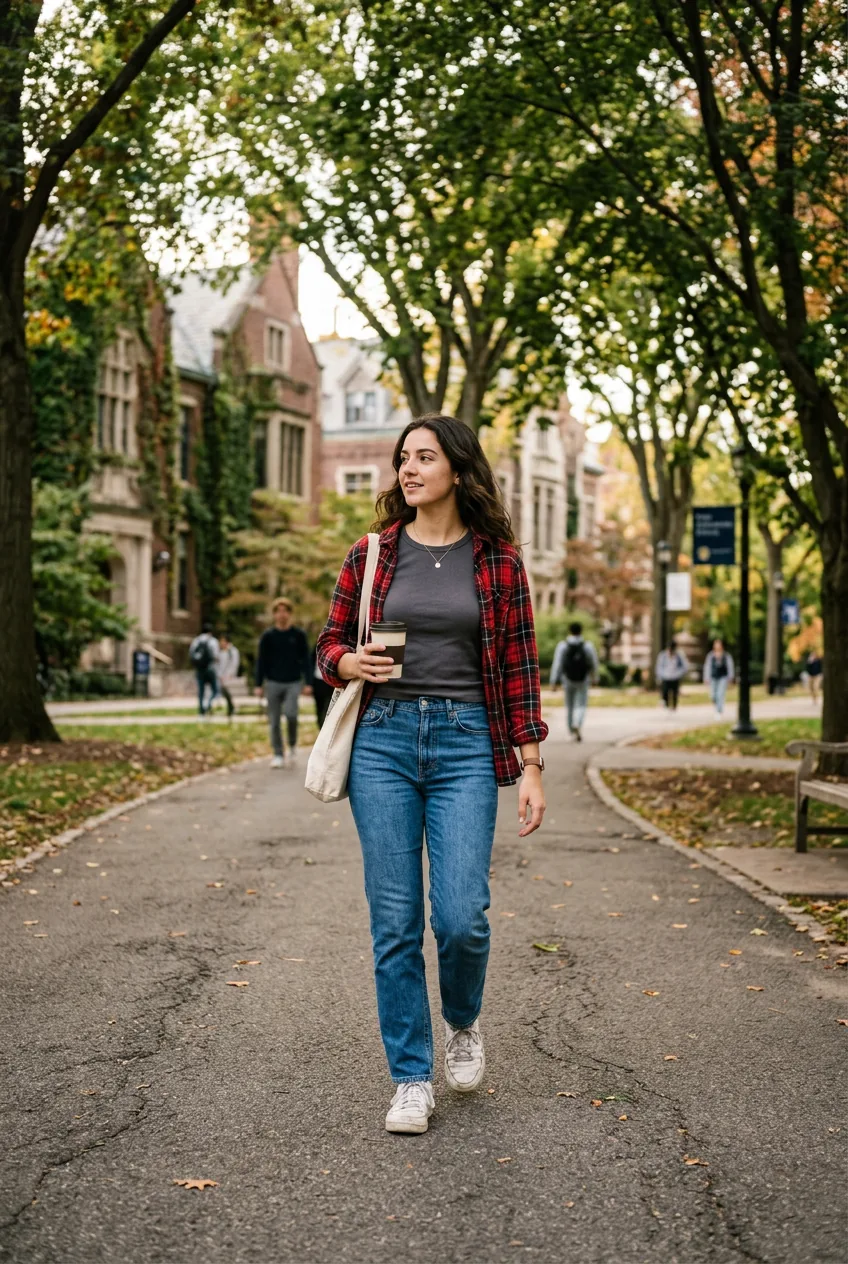 Woman wearing jeans with t-shirt and open flannel shirt on tree-lined campus path