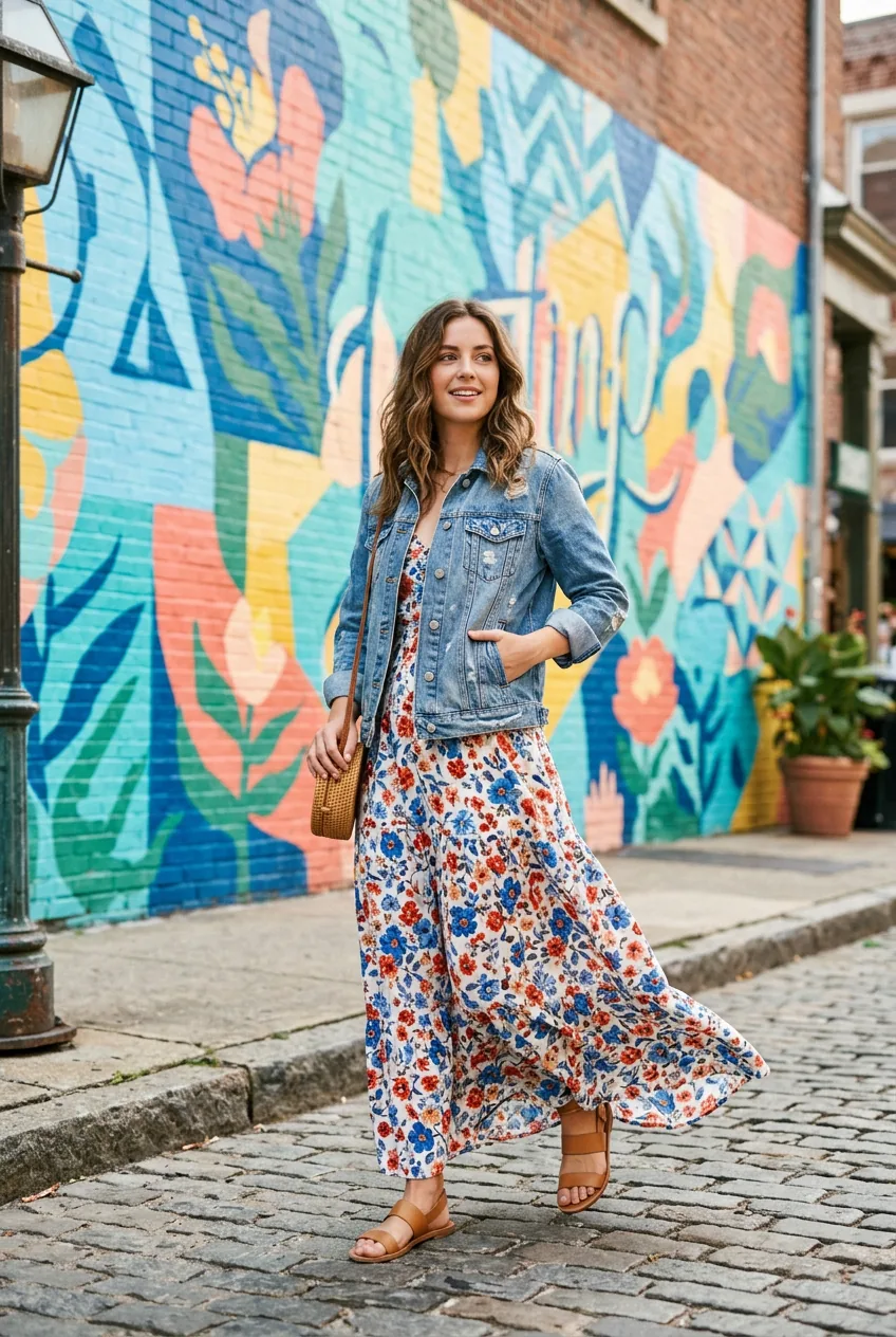 Woman wearing flowing maxi dress with denim jacket posed against vibrant street art background