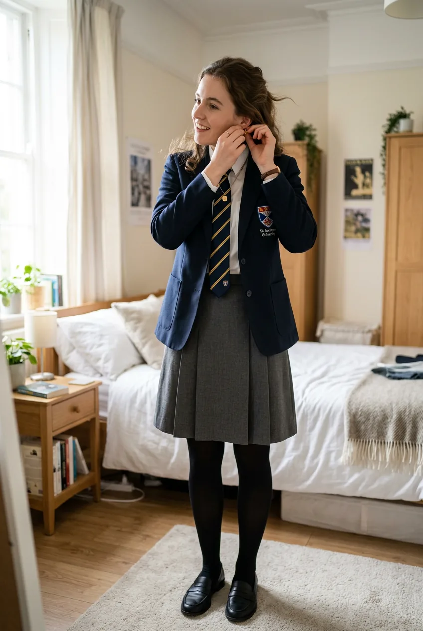 Woman wearing finished university outfit with small gold hoop earrings and delicate accessories