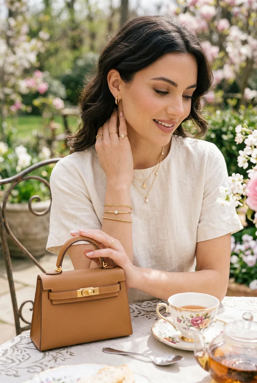 Close-up of woman styling delicate gold jewelry and small handbag at outdoor tea setting