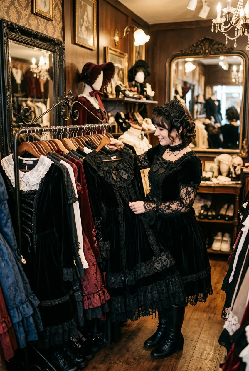Woman examining gothic lolita coordinates on hangers in moody boutique with vintage mirrors