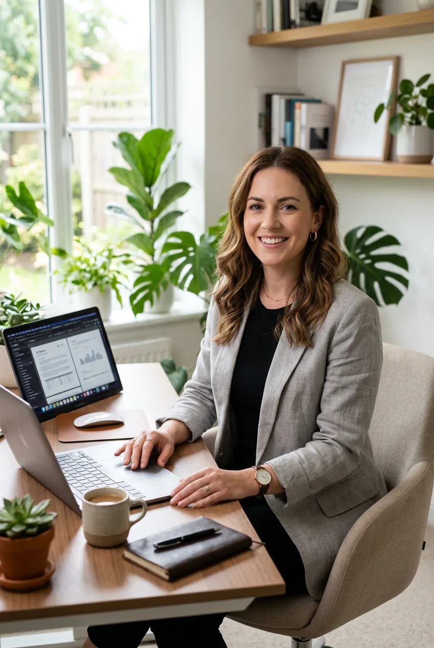 Woman wearing gray blazer and black top seated at clean home office desk with natural window light