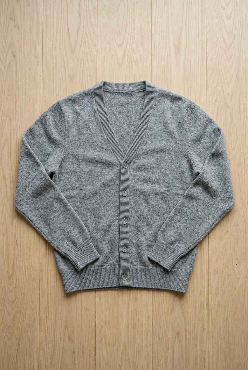 Lightweight gray cardigan folded neatly on wood floor displaying soft structured fabric texture