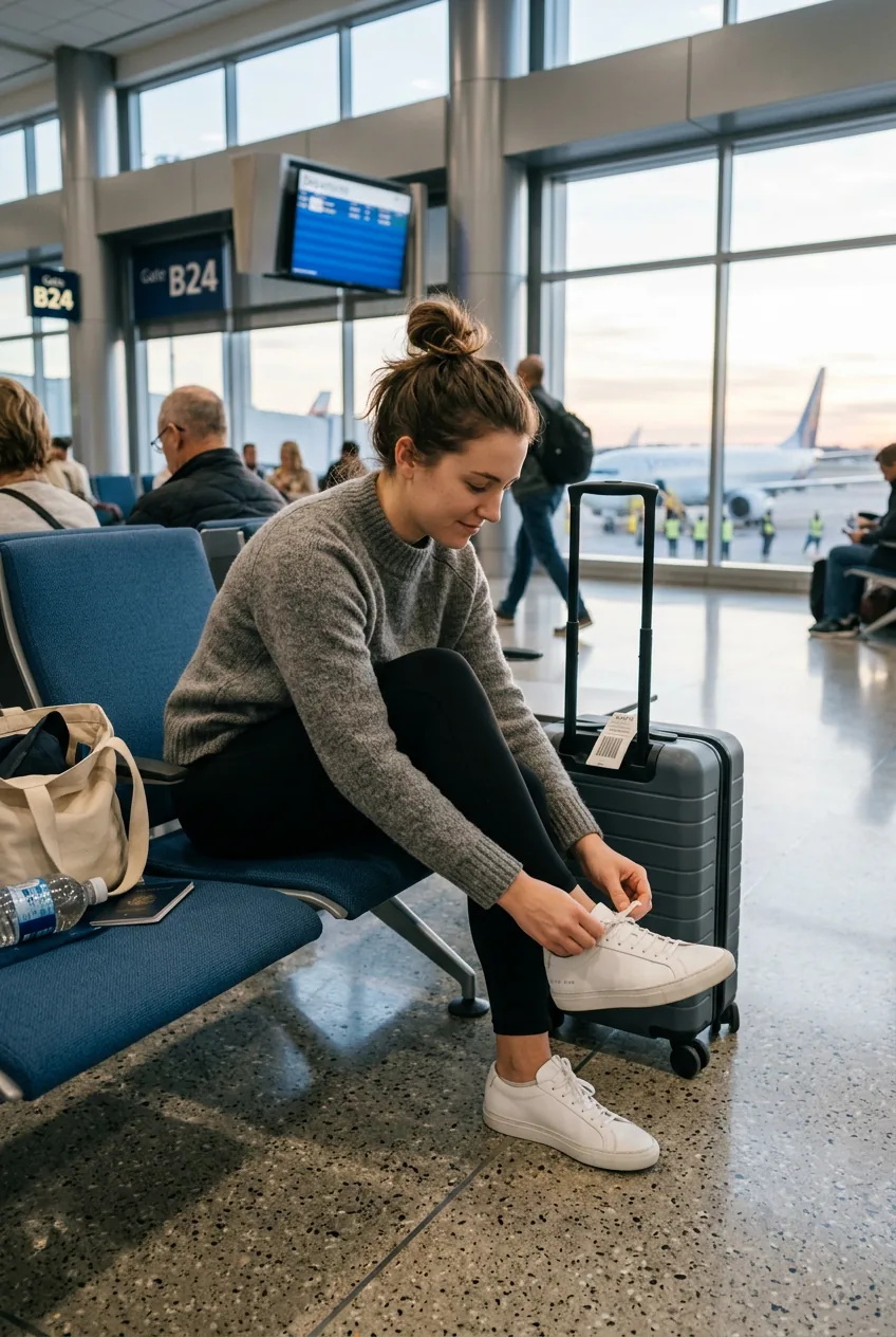 Woman putting on white leather sneakers in airport departure lounge wearing gray merino sweater