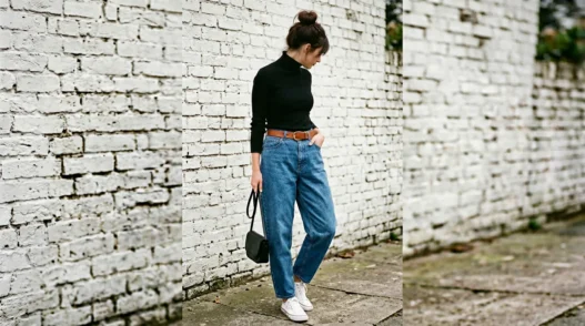 Woman in high-waisted baggy jeans with fitted black turtleneck and brown belt showing balanced proportions
