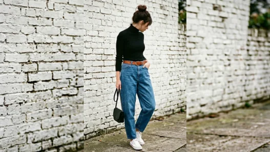 Woman in high-waisted baggy jeans with fitted black turtleneck and brown belt showing balanced proportions