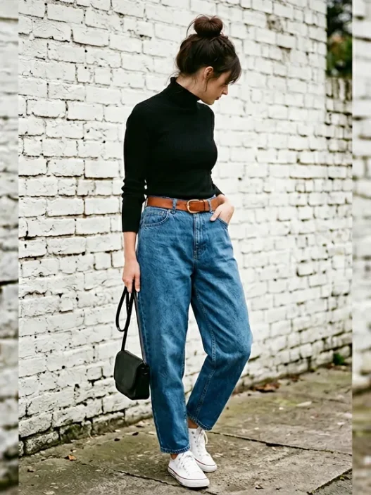 Woman in high-waisted baggy jeans with fitted black turtleneck and brown belt showing balanced proportions