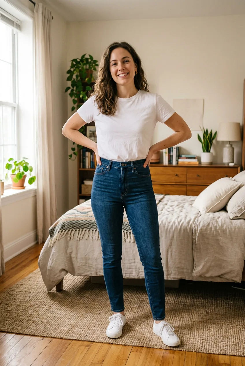 Woman in high-waisted dark jeans and white basic tee showing proper fit and proportion