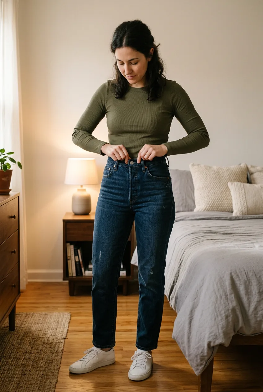 Woman adjusting high-waisted dark jeans at natural waistline in bedroom lighting