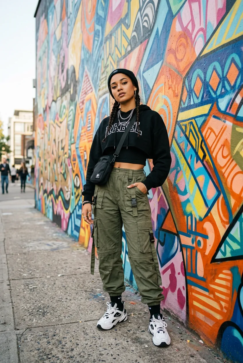 Woman wearing streetwear cargo pants and cropped hoodie against bright painted street wall