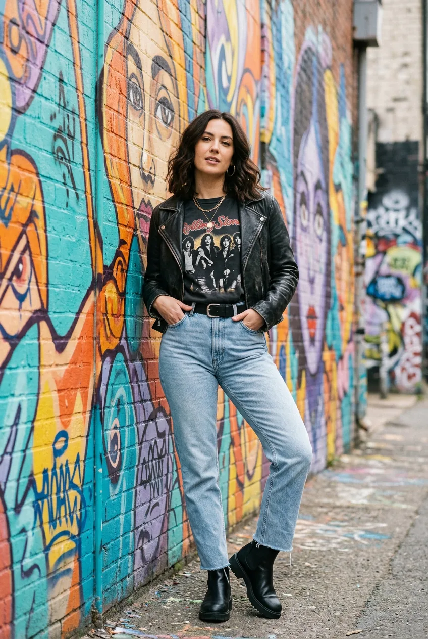 Woman in vintage band tee and high-waisted jeans with leather jacket against vibrant painted street art