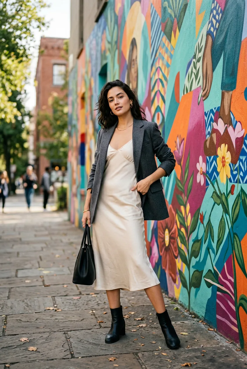 Woman wearing elegant silk slip dress with blazer posed in front of vibrant street art