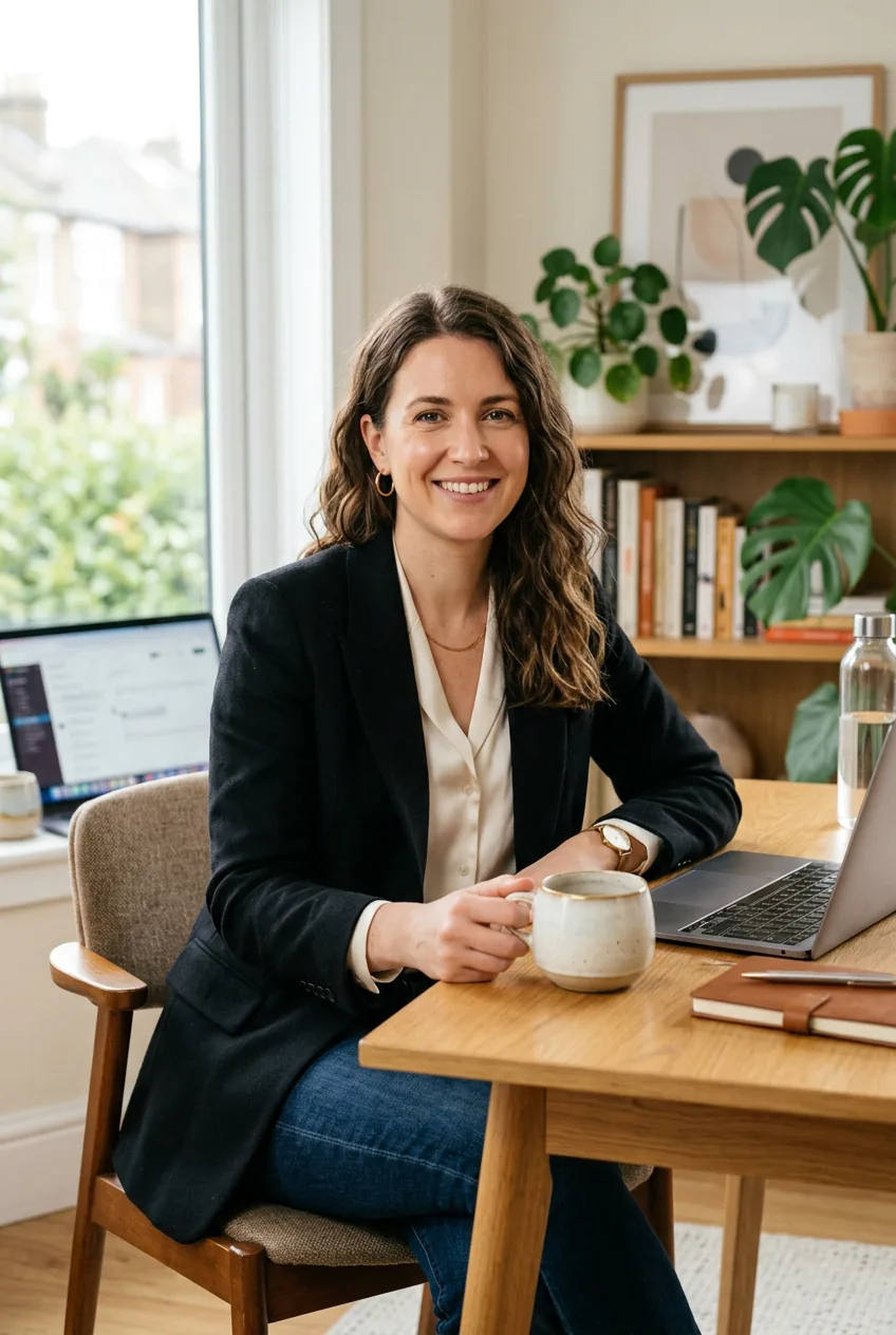 Woman in dark jeans with silk blouse and black blazer seated at home office with coffee cup