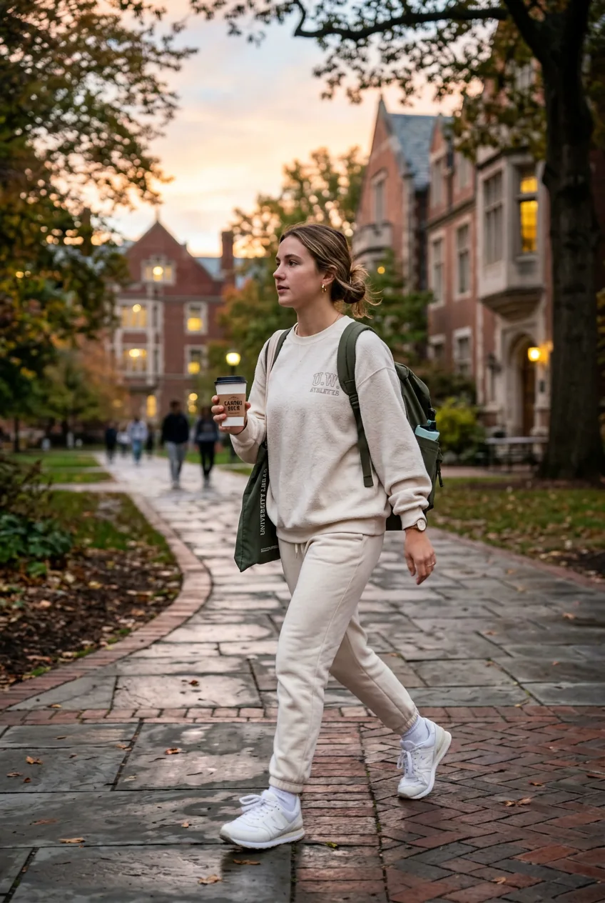 Woman in cream joggers and oversized crewneck sweatshirt carrying coffee on campus pathway