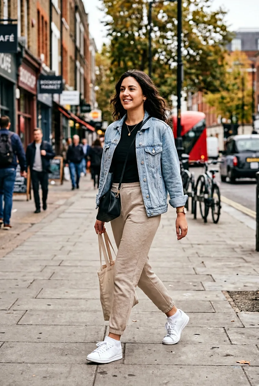 Woman wearing soft joggers, fitted tee, and denim jacket with clean sneakers in polished casual look