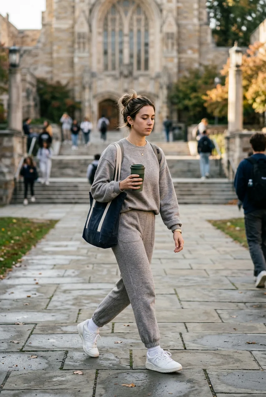 Woman in matching gray knit loungewear set walking across campus with coffee