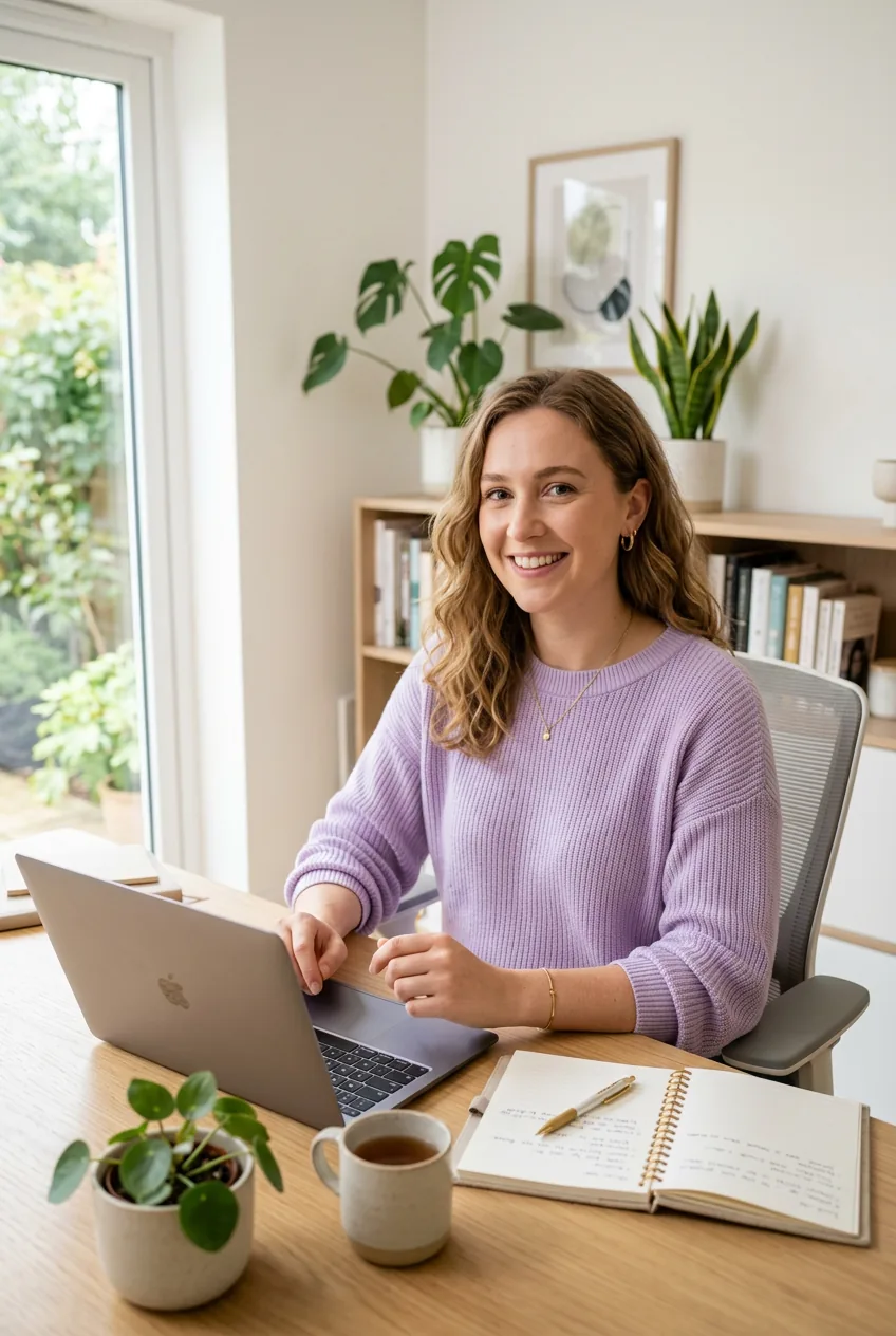 Woman in lavender knit top with minimal accessories at home office desk for video calls