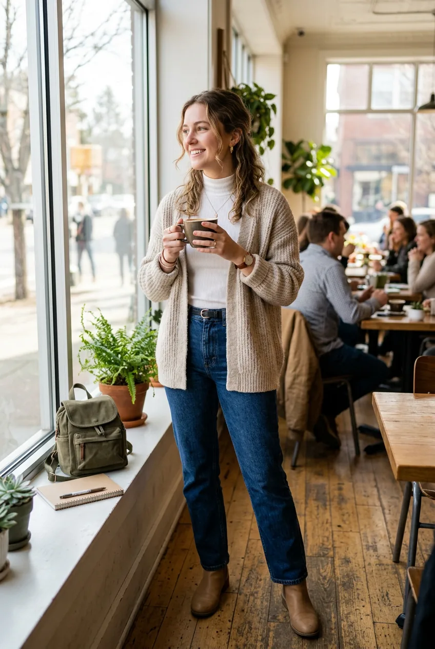 Woman wearing high-waisted jeans and soft cardigan near large windows holding coffee cup