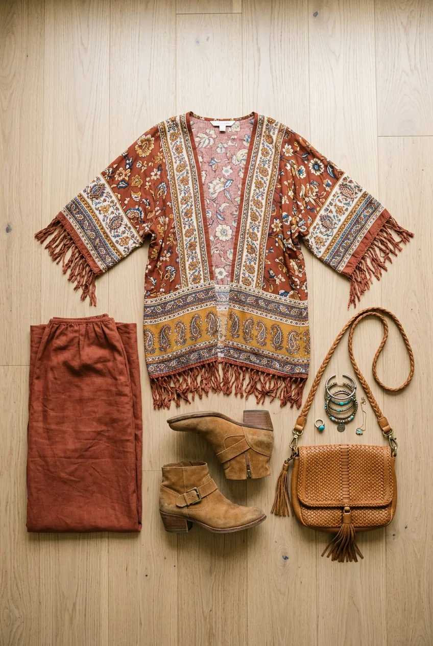 Solid maxi dress with printed fringe kimono, suede ankle boots and textured crossbody bag in bohemian flat lay styling