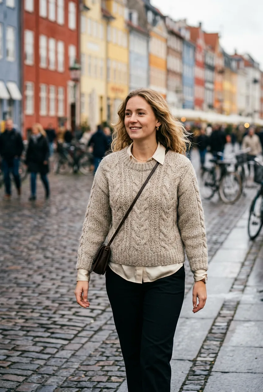 Woman layering oatmeal chunky knit sweater over white silk blouse walking on Copenhagen cobblestones