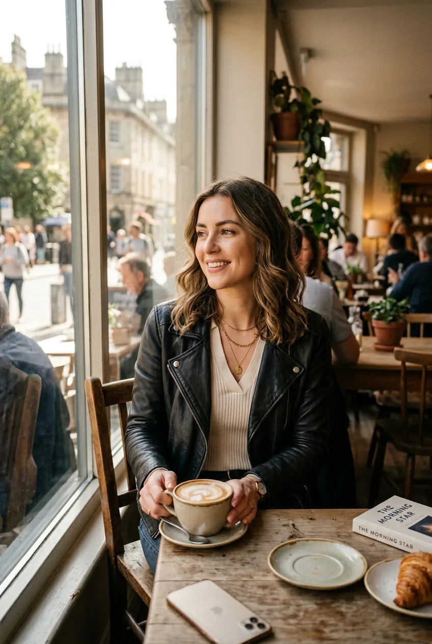 Woman wearing leather jacket over neutral blouse with refined edgy styling