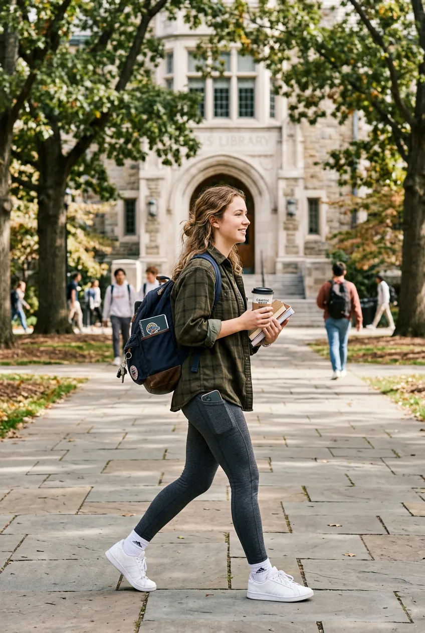 Woman in leggings with oversized button-up shirt walking toward library carrying backpack