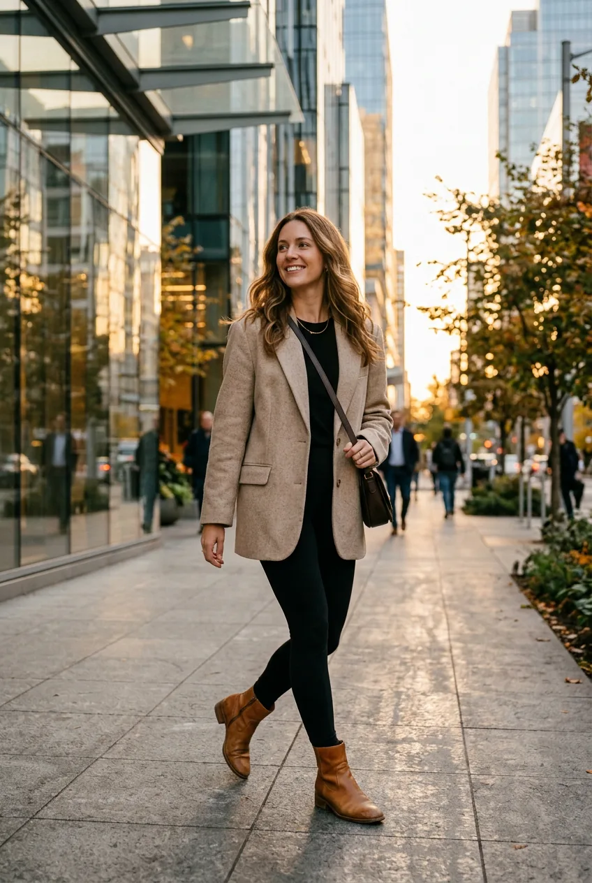 Woman wearing black leggings with oversized beige blazer and tan ankle boots walking past buildings