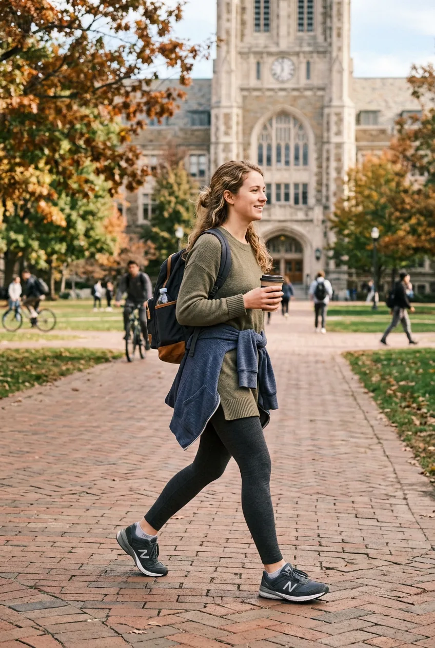 Woman in comfortable leggings and tunic sweater walking across campus quad