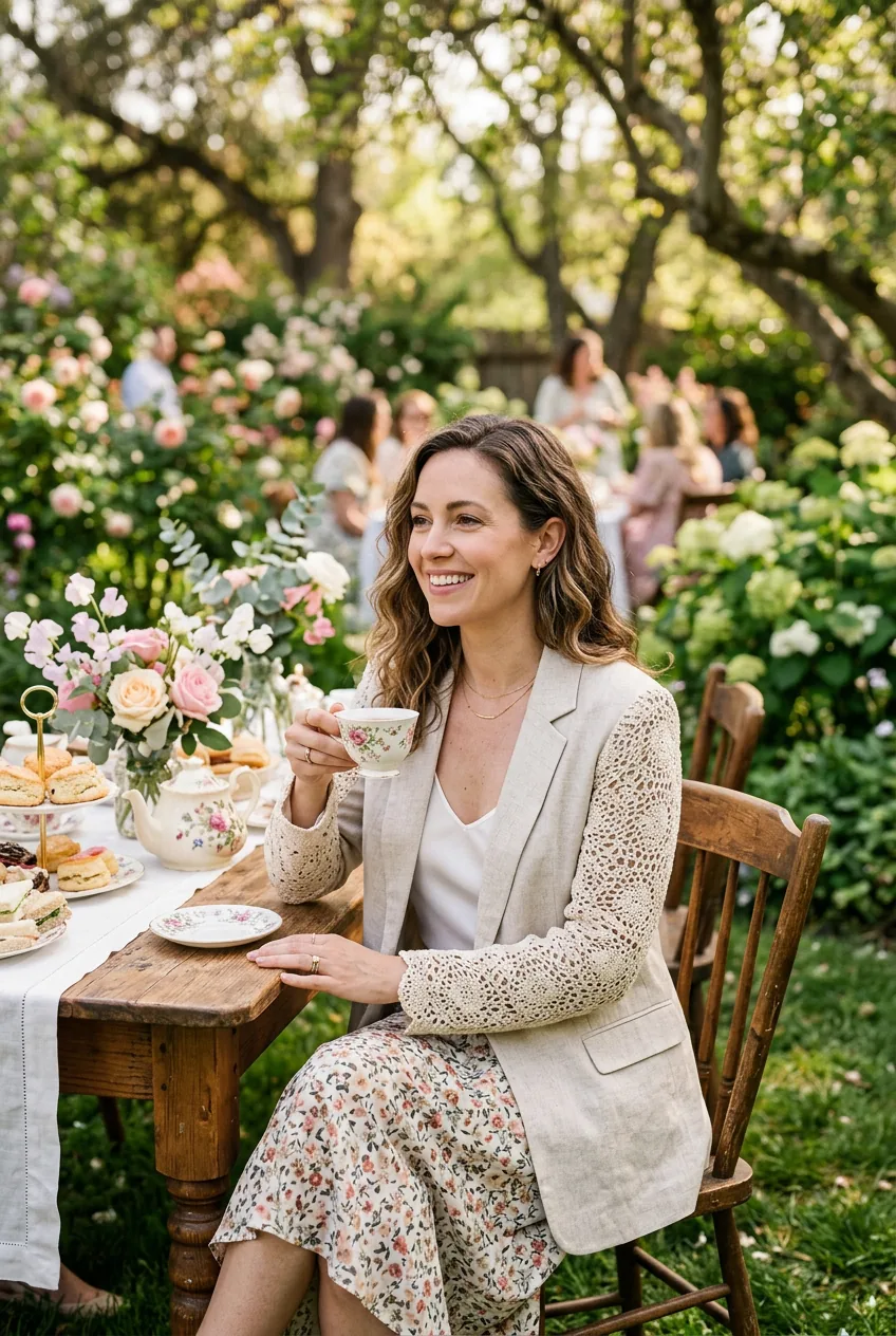 Woman wearing linen-blend blazer with crochet sleeve details at outdoor tea party