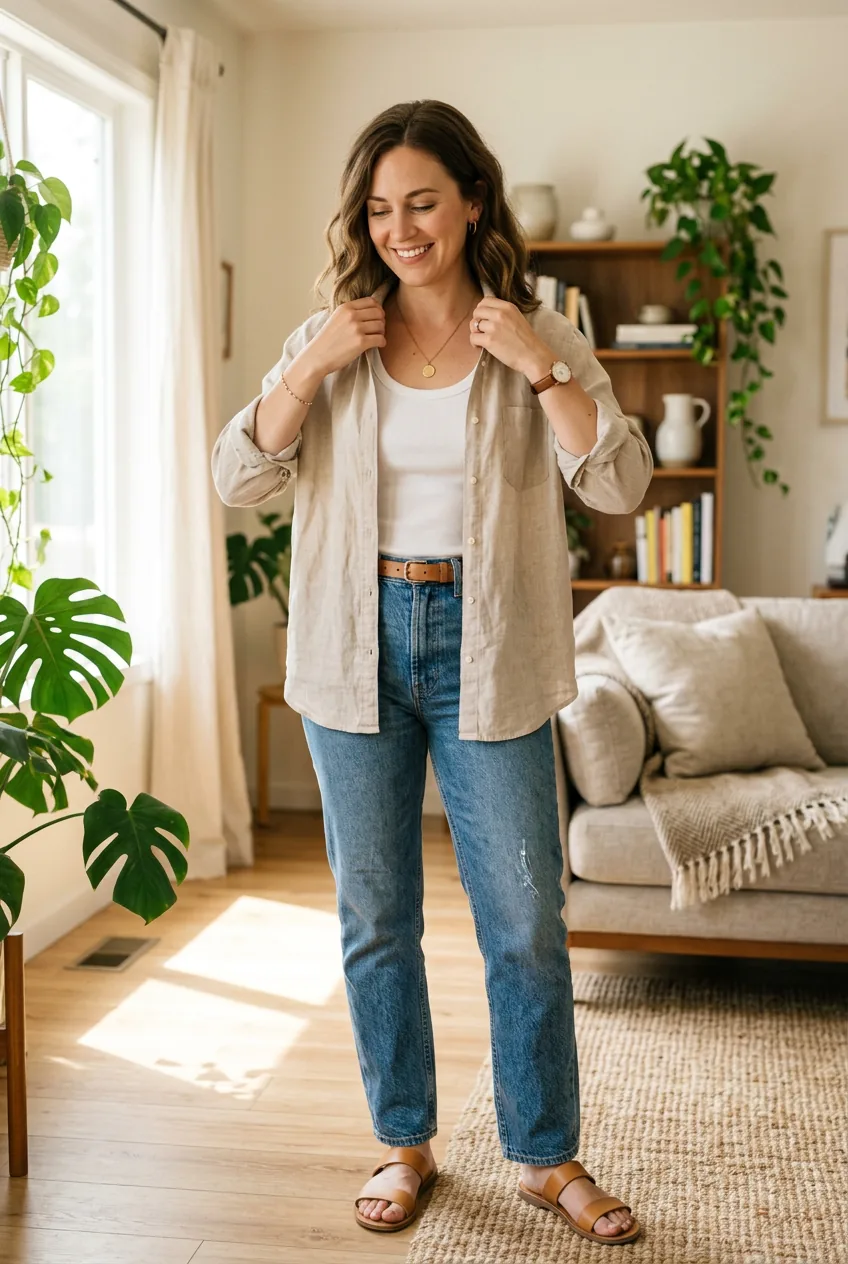 Woman in linen button-down shirt layered over tank top in bright airy room