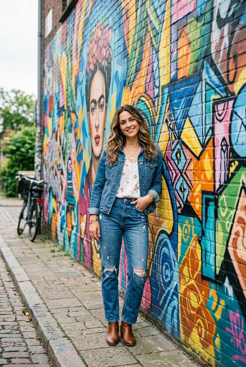 Woman wearing casual jeans and top with denim jacket against vibrant painted street art