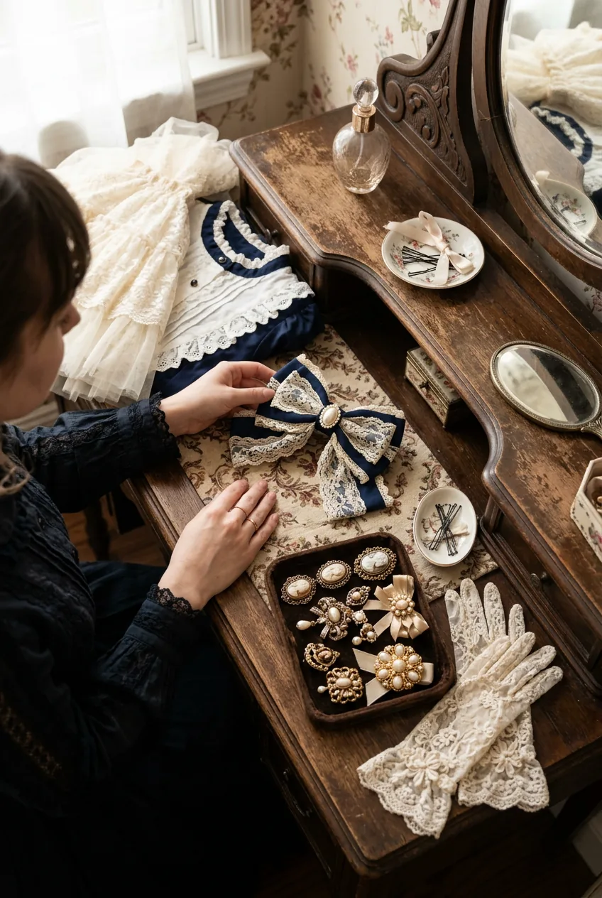 Overhead view of lolita accessories arranged on vintage vanity including petticoat and headbow
