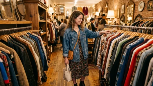 Woman browsing through clothing racks in warmly lit vintage boutique with tungsten lighting
