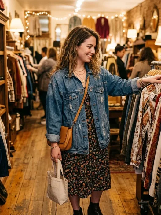 Woman browsing through clothing racks in warmly lit vintage boutique with tungsten lighting