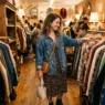 Woman browsing through clothing racks in warmly lit vintage boutique with tungsten lighting