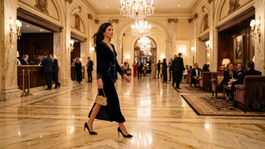 Woman crossing luxurious hotel lobby in elegant evening wear with marble floors and chandeliers